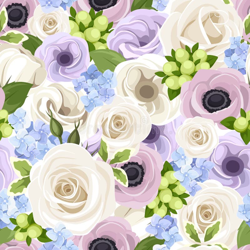 Vector o teste padrão sem emenda com rosas brancas, lisianthuses e anêmonas roxas e hortênsia azul ilustração royalty free Vector o teste padrão sem emenda com rosas brancas, lisianthuses e anêmonas roxas e hortênsia azul ilustração royalty free