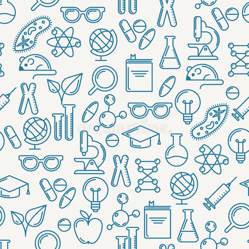 Vector o teste padrão sem emenda com símbolos do esboço da ciência, educati ilustração stock Vector o teste padrão sem emenda com símbolos do esboço da ciência, educati ilustração stock