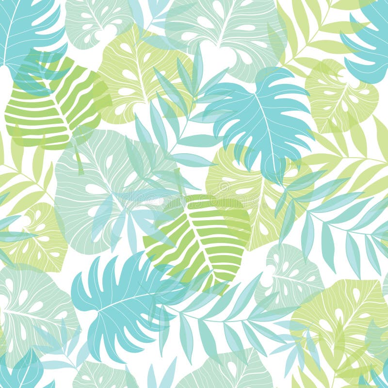 Vector o teste padrão sem emenda havaiano do verão tropical claro das folhas com as plantas verdes e as folhas tropicais em azuis