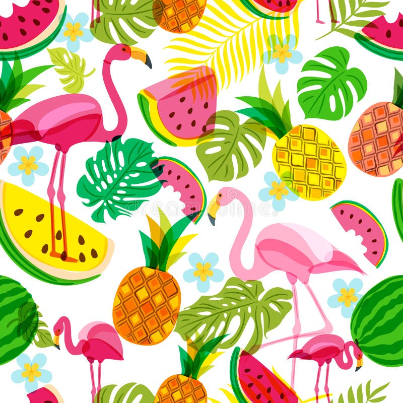 Vector o teste padrão tropical sem emenda com flamingo, folhas de palmeira, a melancia e os abacaxis cor-de-rosa Ilustração do ve ilustração do vetor