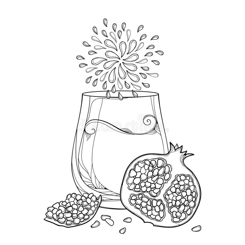 Vector o vidro bebendo do esboço do suco fresco da romã, a metade e fruto inteiro e semente no preto isolados no fundo branco ilustração royalty free Vector o vidro bebendo do esboço do suco fresco da romã, a metade e fruto inteiro e semente no preto isolados no fundo branco ilustração royalty free