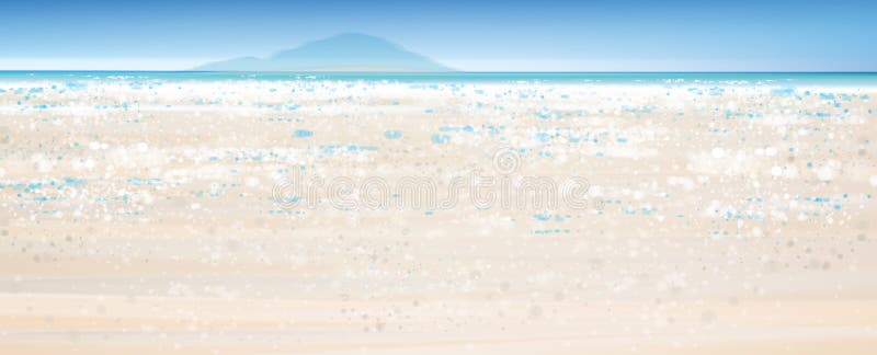 Vector ocean view, blue sky, ocean and sandy beach. Bokeh effect background stock illustration.