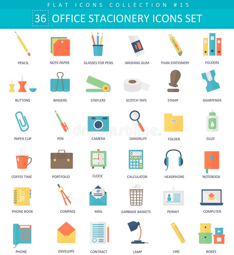 Vector Office stacionery color flat icon set. Elegant style design. royalty free illustration