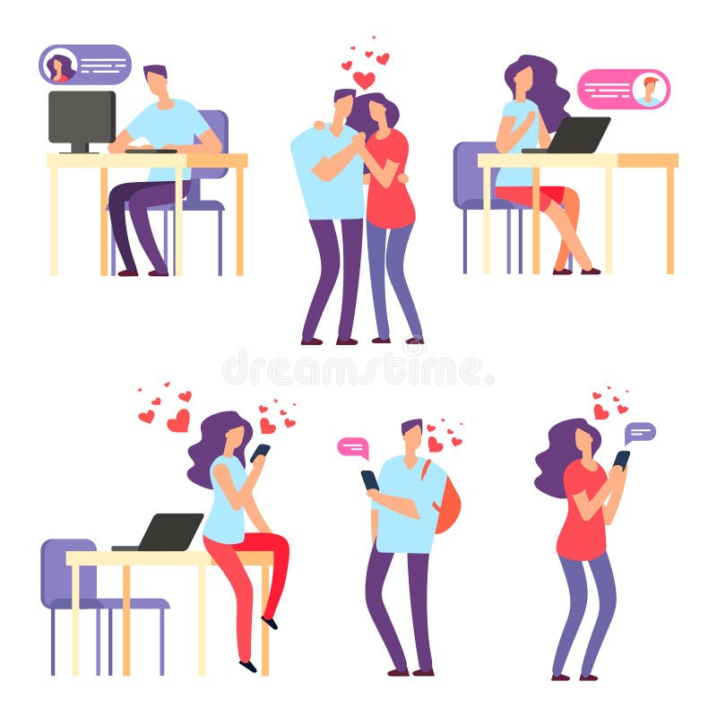 Vector online romantic dating. Man and woman, cute couple using mobile application for talking and love relationship stock illustration