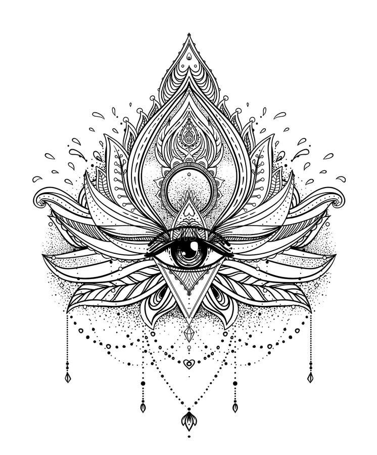 Vector ornamental Lotus flower, all-seeing eye, patterned Indian
