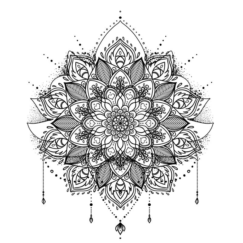 Vector Drawing with Outline Lotus Flower, Decorative Lace and Swirls in ...