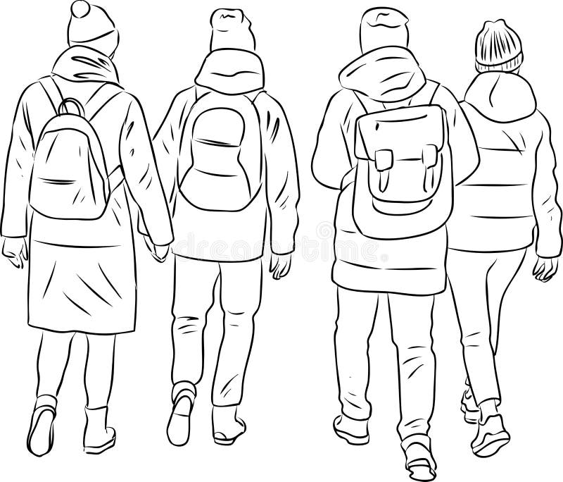 Vector Drawing Of Silhouettes Three Teens Girls Walking Outdoors Stock