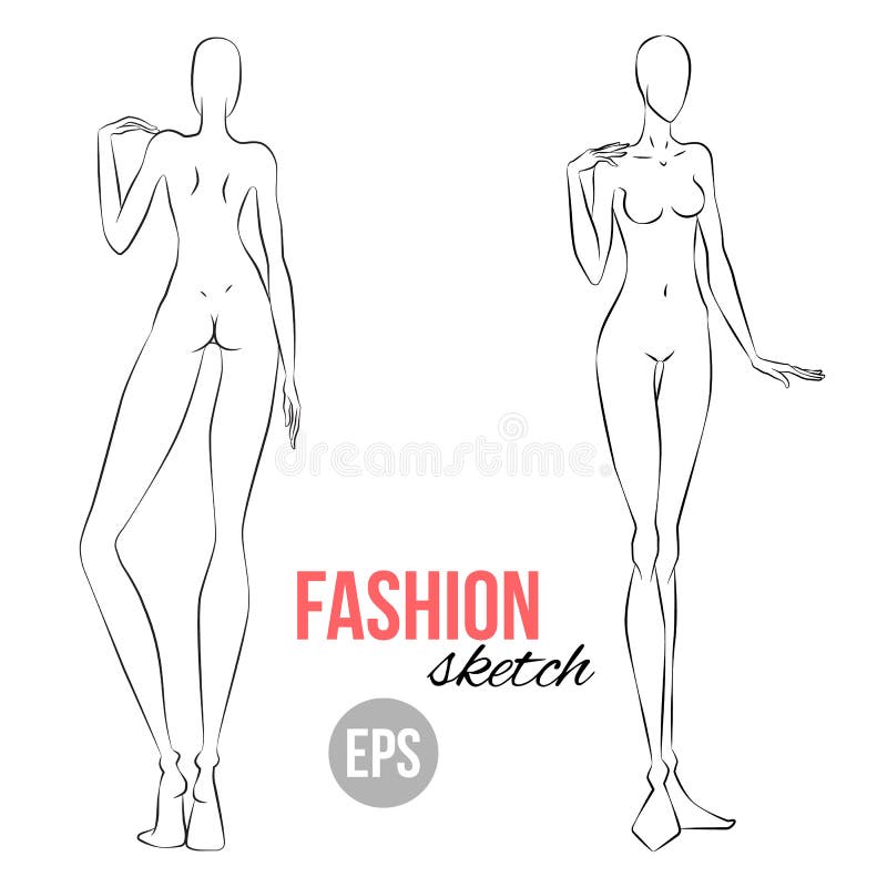 Vector outline girl model template for fashion sketching. Illustration of women`s figure for designers of clothes. Standing girl.