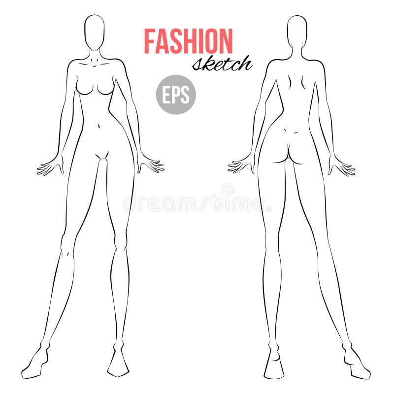 Vector outline girl model template for fashion sketching. Illustration of women`s figure for designers of clothes. Standing girl.