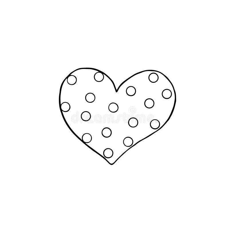 Vector outline of a heart with polka dots. Coloring page, Valentine`s Day, Easter, holidays clip art design element. Hand drawn,. Black and white, simple vector illustration