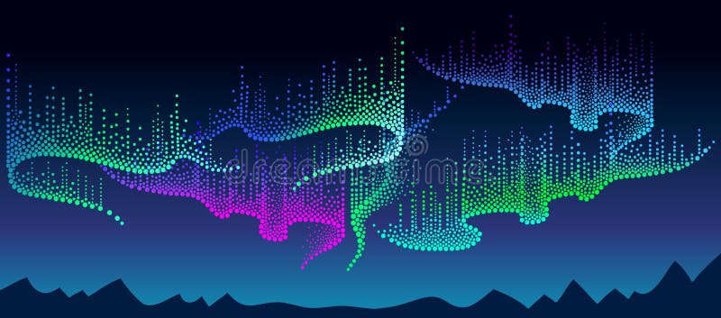 Vector panorama of Polar sky with color northern or polar light. Night landscape with dotted swirls of Aurora borealis lights. royalty free illustration Vector panorama of Polar sky with color northern or polar light. Night landscape with dotted swirls of Aurora borealis lights. royalty free illustration