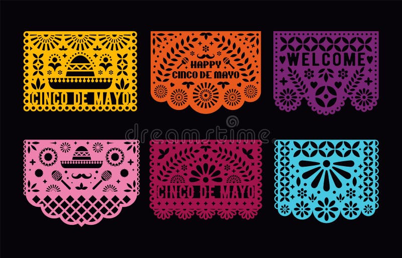Vector Papel Picado cards set. Mexican paper decorations for party.