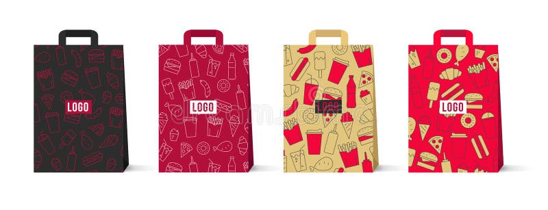 Download Vector Paper Bag Mockup Set With Fast Food And Drinks Line ...