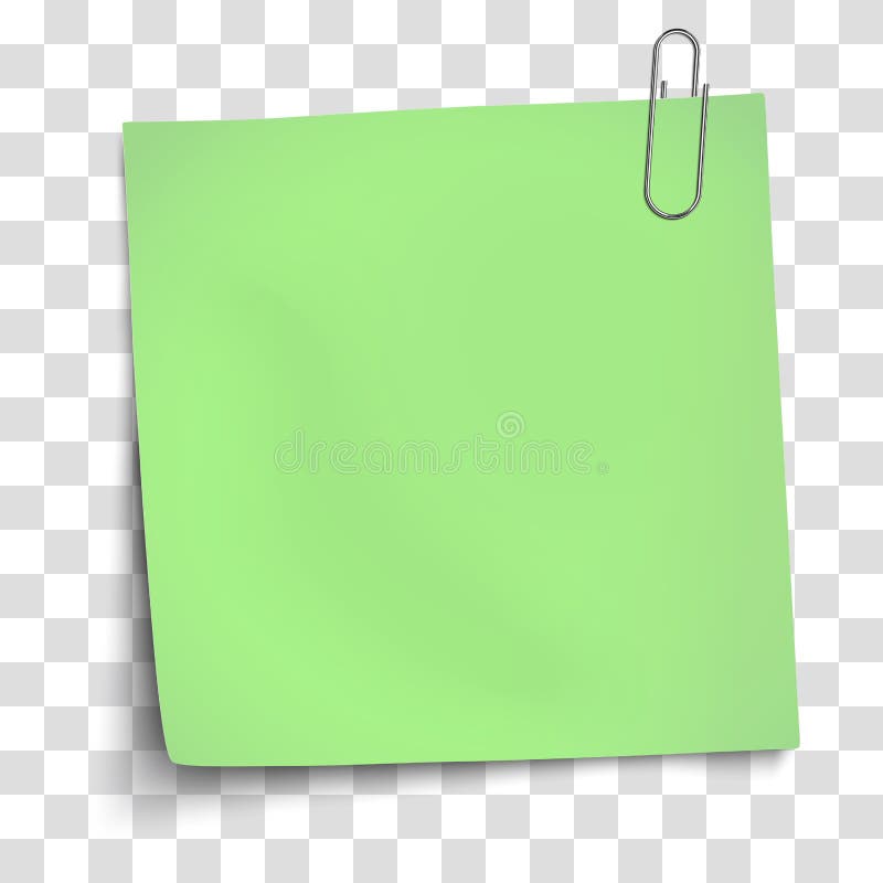 Vector Paper Mockup of Light Green Note Attached by Metallic Paper Clip