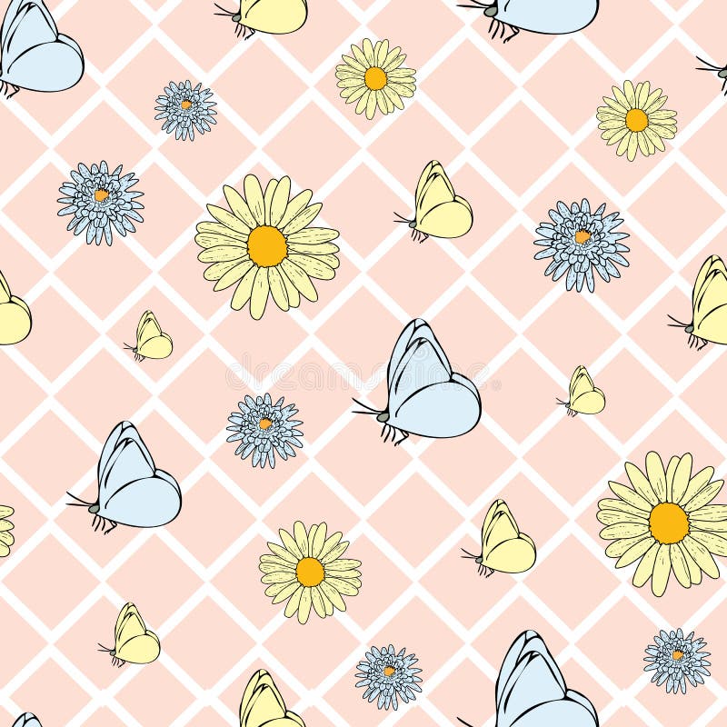 Vector Peach Pink Background Pink Daisy Flowers and Wild Flowers