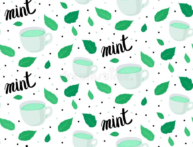 Vector patroon Mokken met muntthee, muntbladeren en met de hand geschreven inschrijving op witte achtergrond Groene en zwarte kle stock illustratie Vector patroon Mokken met muntthee, muntbladeren en met de hand geschreven inschrijving op witte achtergrond Groene en zwarte kle stock illustratie