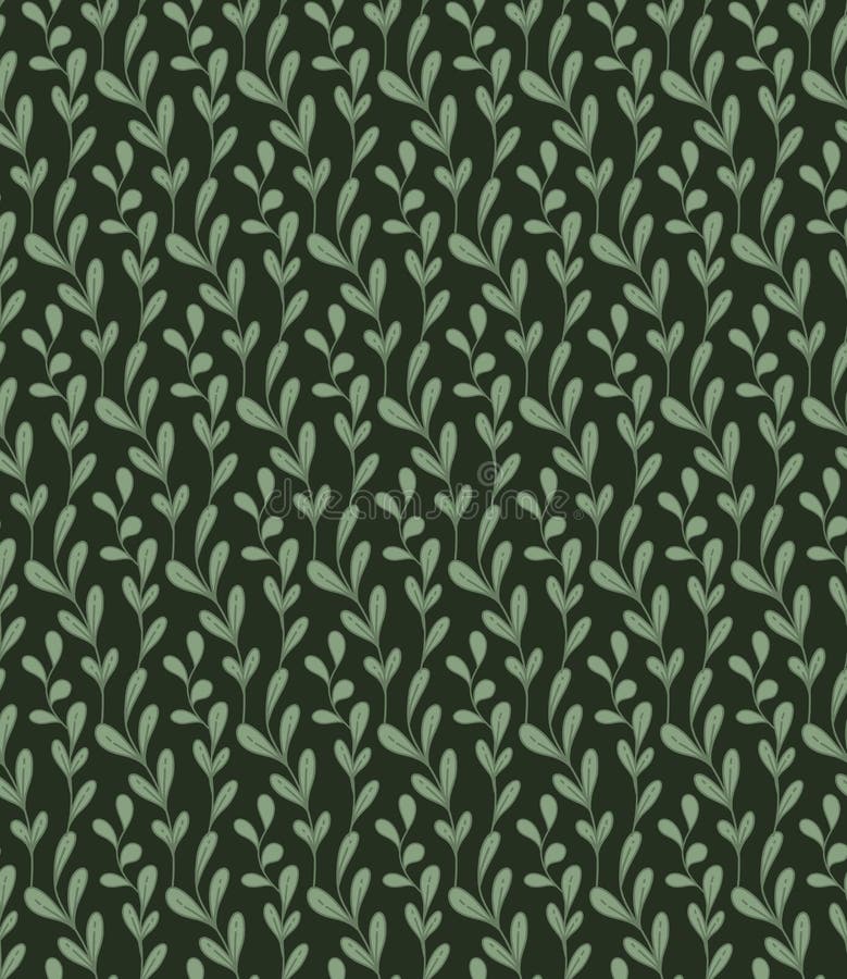 Vector pattern with cartoon intertwined branches with foliage on dark green background. Botanical texture with doodle hand drawn vector illustration