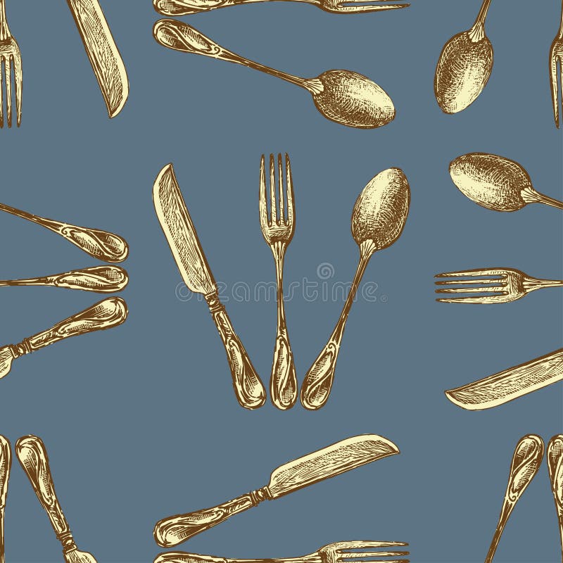 Seamless Background of Drawn Golden Vintage Forks, Spoons and Knives