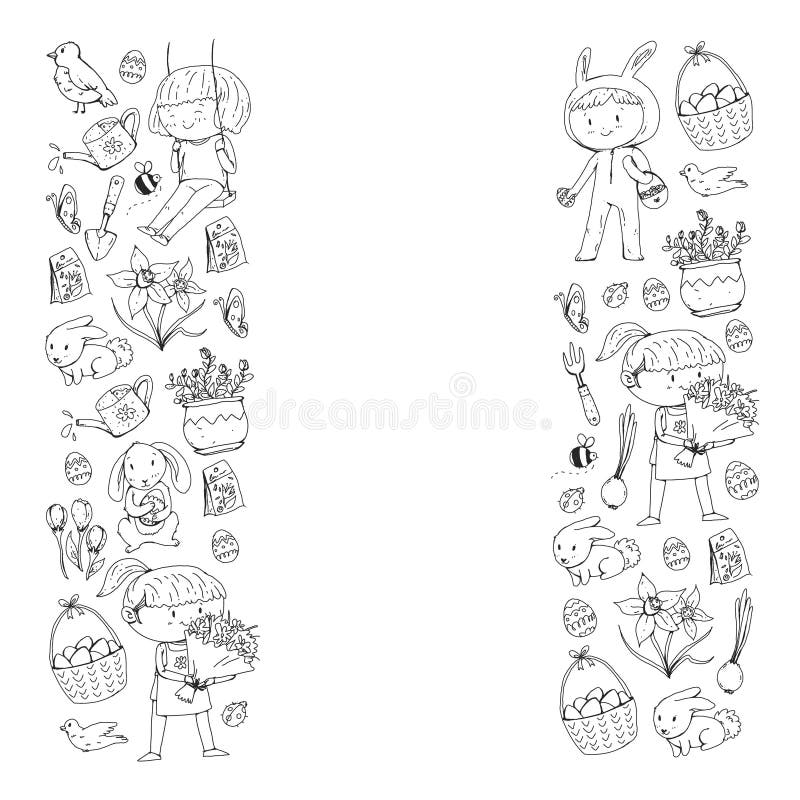 Vector pattern with easter and spring elements. Eggs in basket, bunny, flowers, birds vector illustration Vector pattern with easter and spring elements. Eggs in basket, bunny, flowers, birds vector illustration