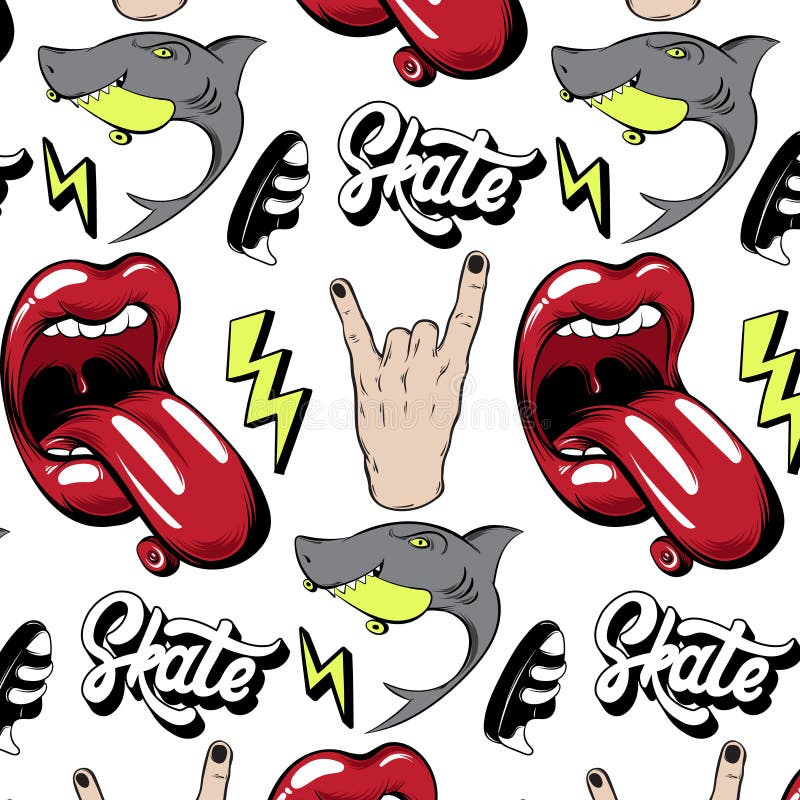 Vector pattern with hand drawn pins. Sketch of mouth, rock hand, lightening, shark, sneakers.