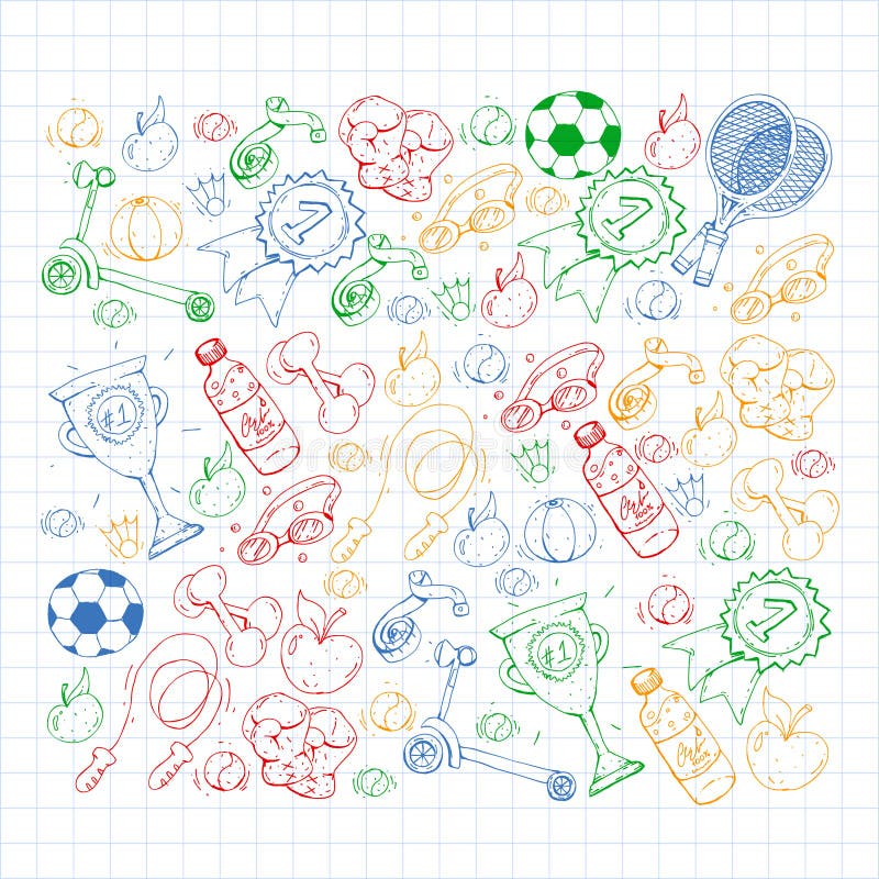 Vector pattern with sport elements. Fitness, games, exercises. Doodle icons  in kids drawing style Stock Vector by ©Helen_F 423980586
