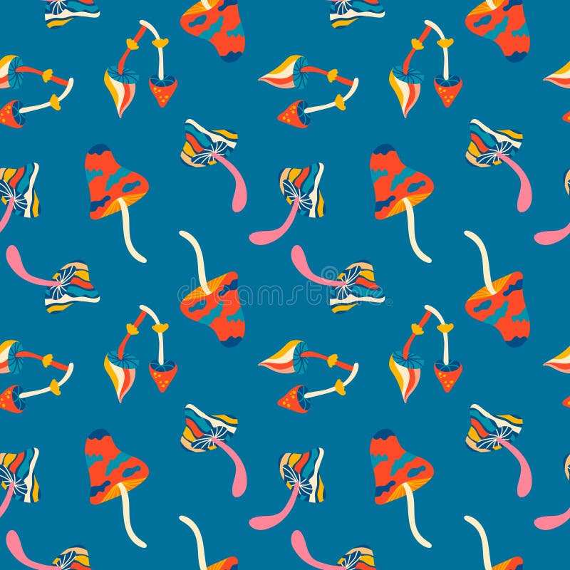 Vector patterns, groovy hippie backgrounds, retro-psychedelic 70s. Bright funky print with mushrooms vector illustration