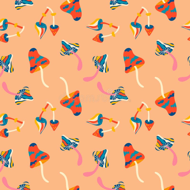 Vector patterns, groovy hippie backgrounds, retro-psychedelic 70s. Bright funky print with mushrooms royalty free illustration