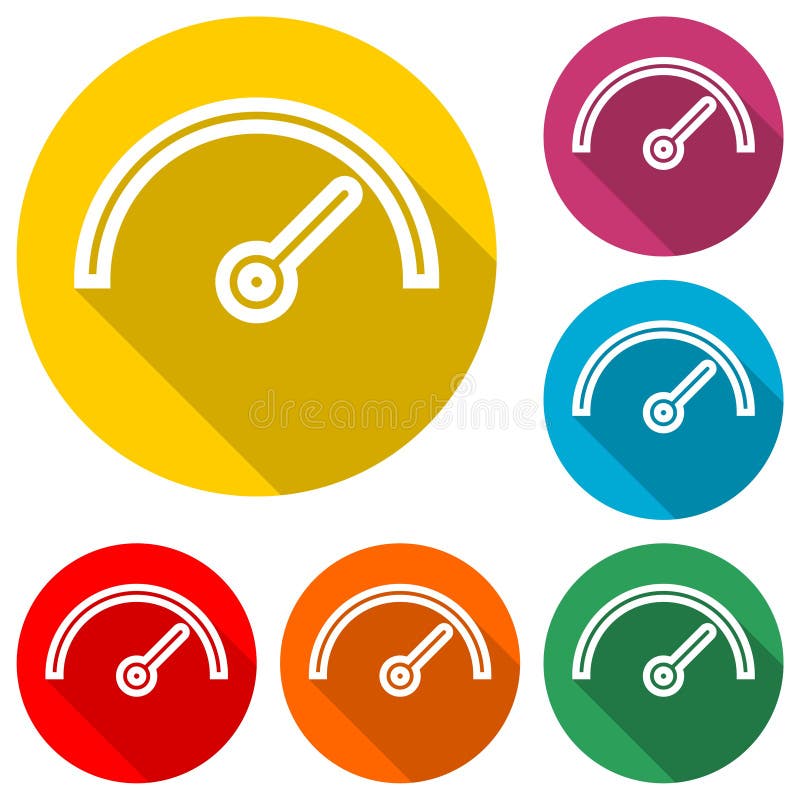Vector performance measurement icon, speedometer icon, color icon with long shadow stock illustration