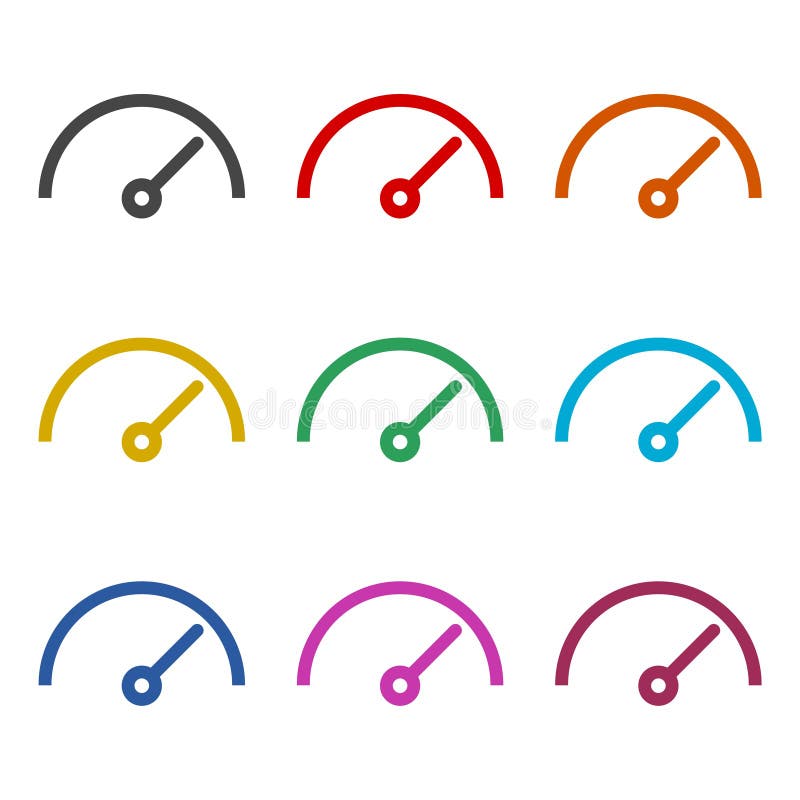 Vector performance measurement icon, speedometer icon, color icons set stock illustration