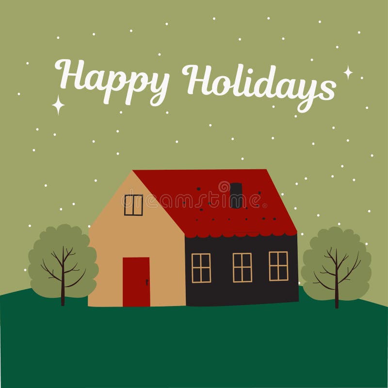 Vector picture of a green post with the image of a house and trees, with the text happy holidays stock illustration