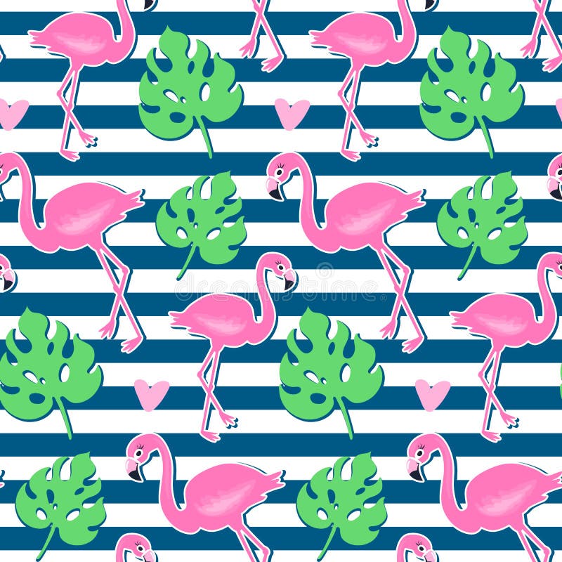 Vector pink flamingo, monstera seamless pattern. Summer tropical background stock illustration Vector pink flamingo, monstera seamless pattern. Summer tropical background stock illustration