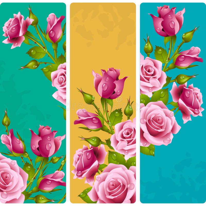 Vector Pink Rose Frames. Set of Floral Vertical Banners Stock Vector