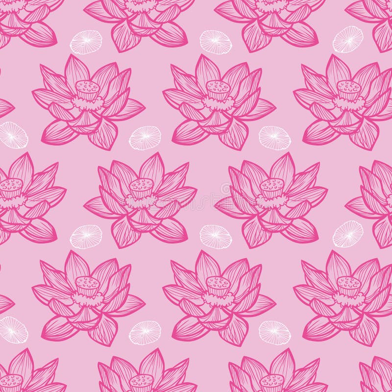 Vector Pink Rows of Lotus Flower and Lily Pads Repeat Pattern 02