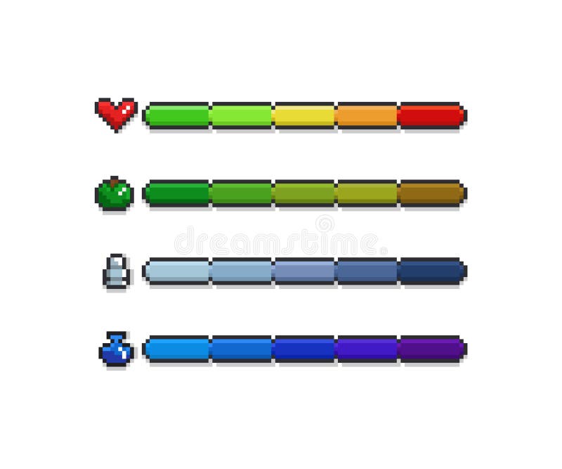Vector pixel art game development progress bar set - health heart, apple food energy, bullet weapon ammo, potion mana vector illustration