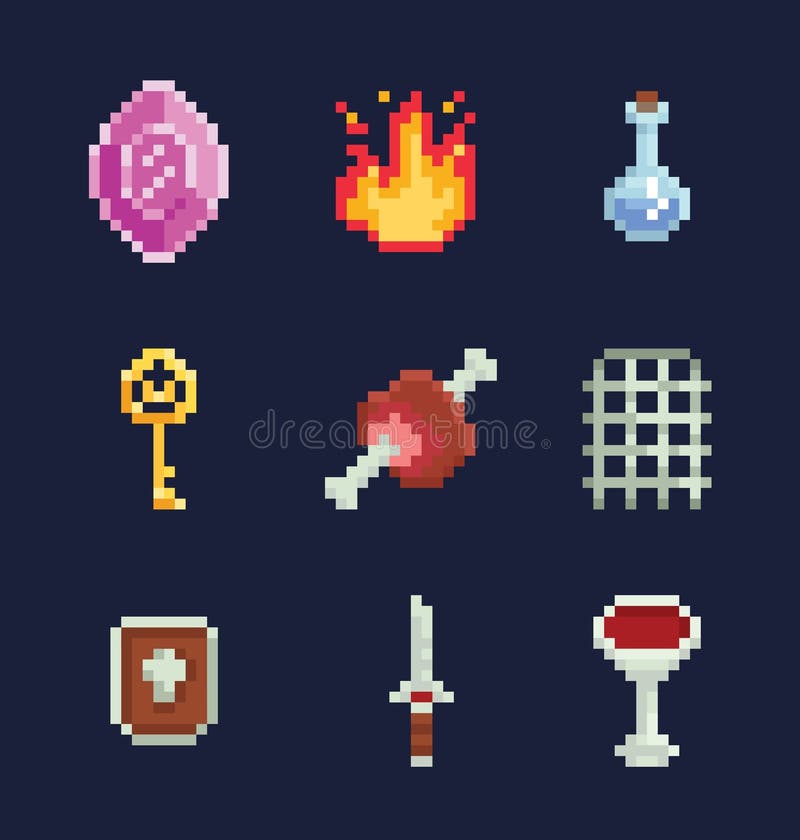 Vector pixel art illustration isons for fantasy adventure game development, gem, fire, potion, key, meat, gate, shield stock illustration