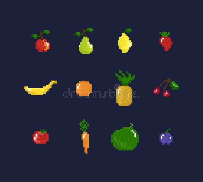 A set of isolated fruits in Pixel Art.