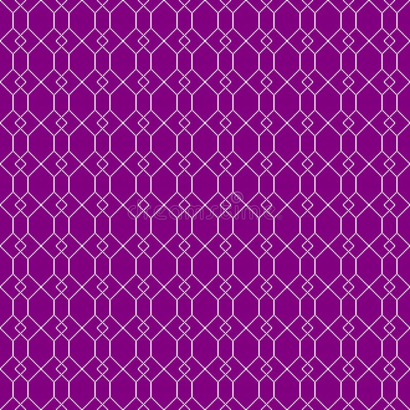 Simple vector pixel art seamless pattern of minimalistic abstract diagonal crossing ornate grid tile on velvet violet background