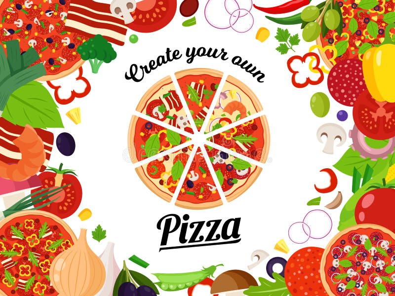 Vector pizza illutration with slices and many ingredients