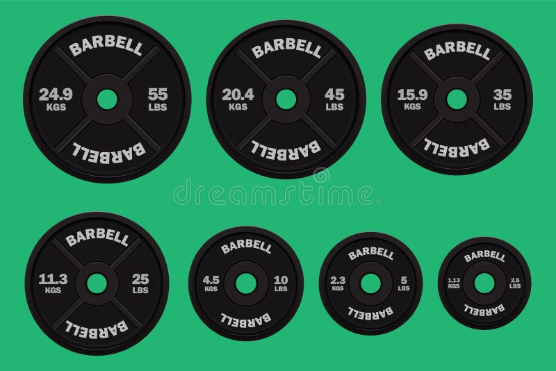 Vector placas de peso negro realista en libras y kilogramos. stock de ilustración