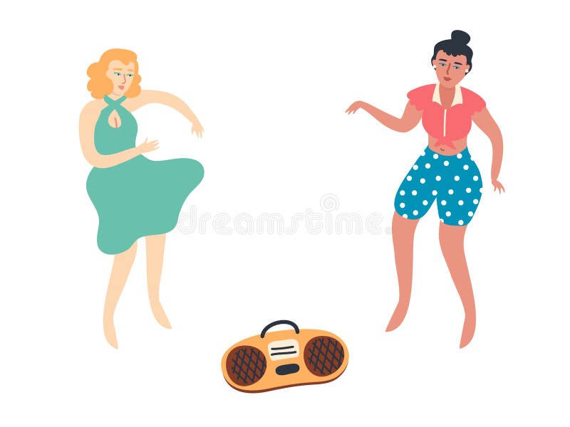 Barefoot Hipster Girls Dance To Hit Song Flat Vector Art Trendy Illustration Isolated on White Background. Happy Friendship Day Celebration. Barefoot Hipster Girls Dance To Hit Song Flat Vector Art Trendy Illustration Isolated on White Background. Happy Friendship Day Celebration