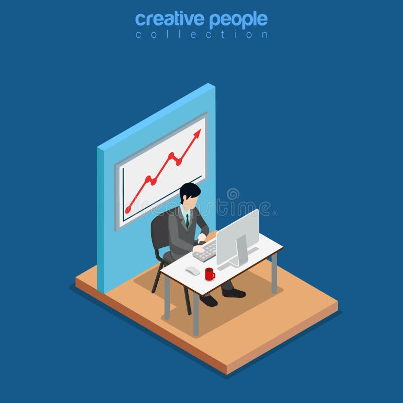 Vector plano 3d del negocio isométrico del trabajo del hombre de la oficina stock de ilustración Vector plano 3d del negocio isométrico del trabajo del hombre de la oficina stock de ilustración