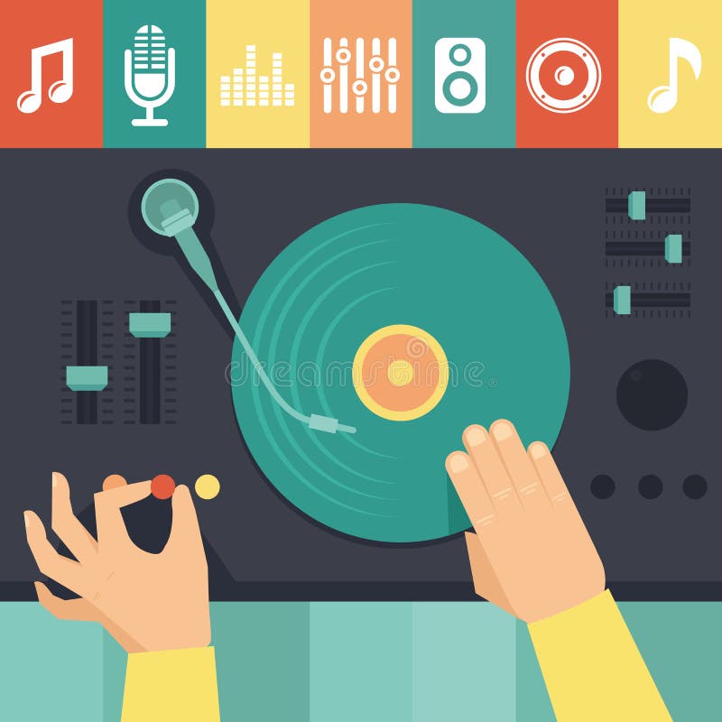 Vector a plataforma giratória e as mãos do DJ - conceito da música ilustração royalty free Vector a plataforma giratória e as mãos do DJ - conceito da música ilustração royalty free