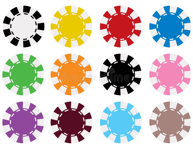A set of 12 flat colored poker chips in front view. Includes White, Yellow, Red, Blue, Green, Orange, Black, Pink, Purple, Burgundy, Light Blue, and Brown. Poker black white vectors
