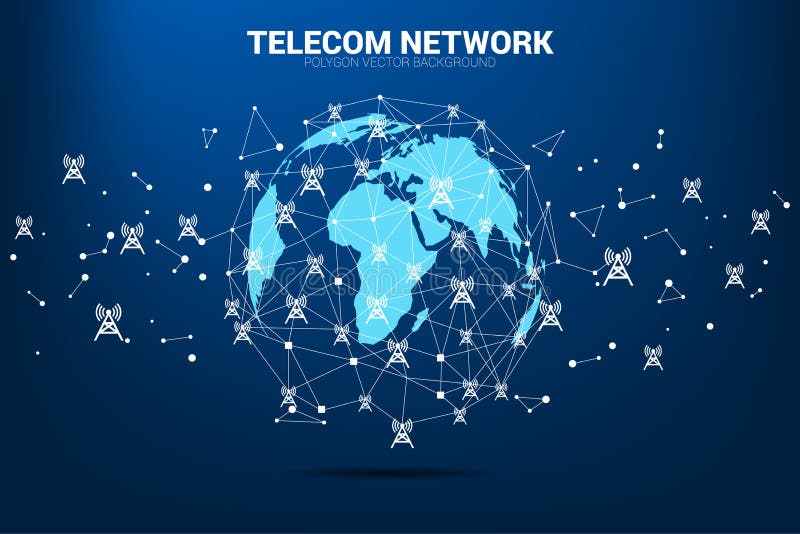 Vector Polygon Dot Connect Line with Antenna Tower Icon Around World 