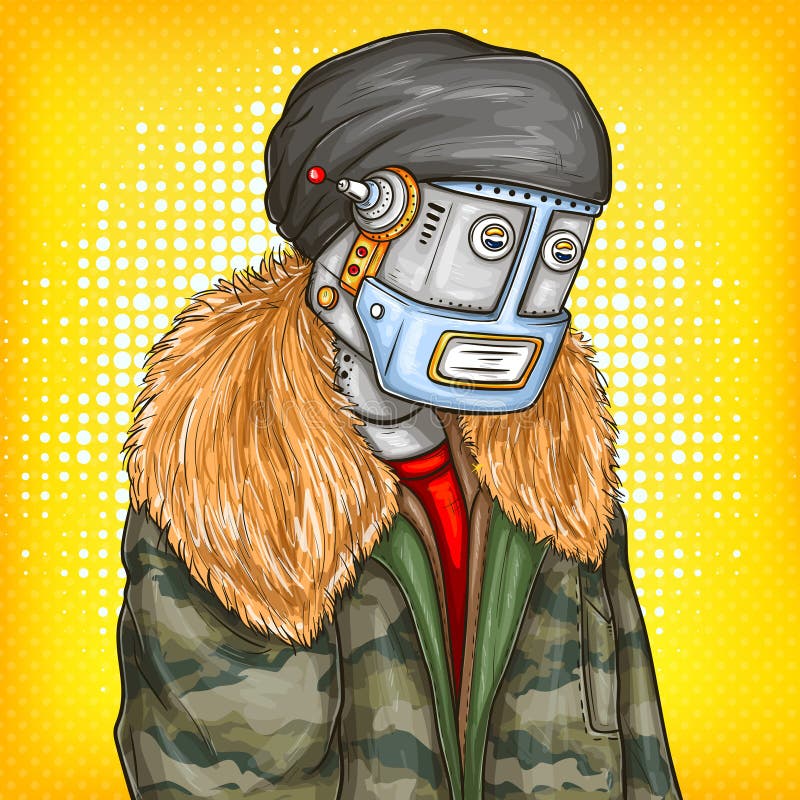 Vector pop art illustration of robot, android in fashion jacket. Artificial intelligence, steampunk, cyborg concept royalty free illustration
