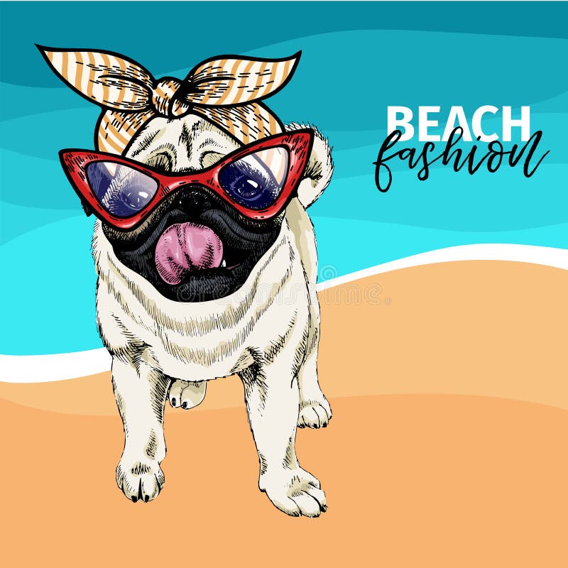 Vector portrait of pug dog wearing sunglasses and retro bandana. Summer fashion illustration. Vacation, sea, beach stock illustration Vector portrait of pug dog wearing sunglasses and retro bandana. Summer fashion illustration. Vacation, sea, beach stock illustration