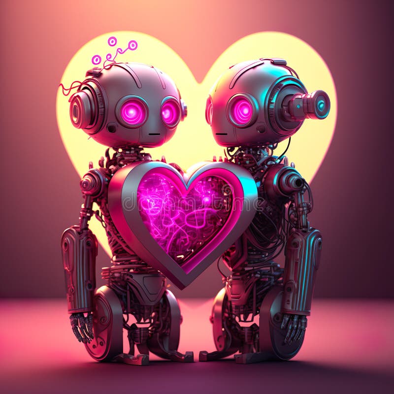 Cyberpunk cute couple robot on valentine, led glow, abstract futuristic background stock illustration