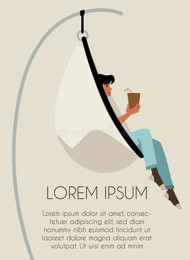 Vector poster with a hanging chair in the shape of an egg, in which a girl is resting vector illustration