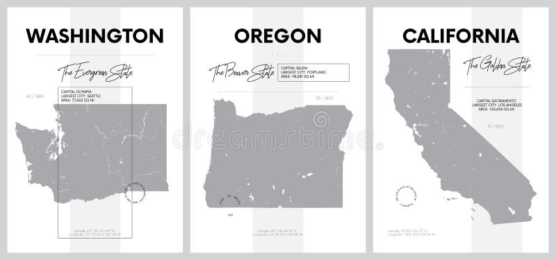 Vector posters met zeer gedetailleerde silhouetten van kaarten van de staten van Amerika, Division Pacific - Washington, Oregon