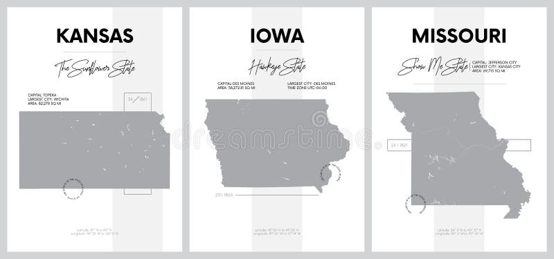 Vector posters met zeer gedetailleerde silhouetten van kaarten van de staten van Amerika, Division West North North Central - Kan